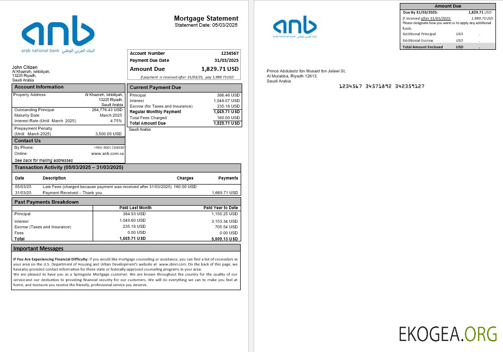 Relevé hypothécaire ANB de la Banque nationale arabe d'Arabie saoudite aux formats Word et PDF